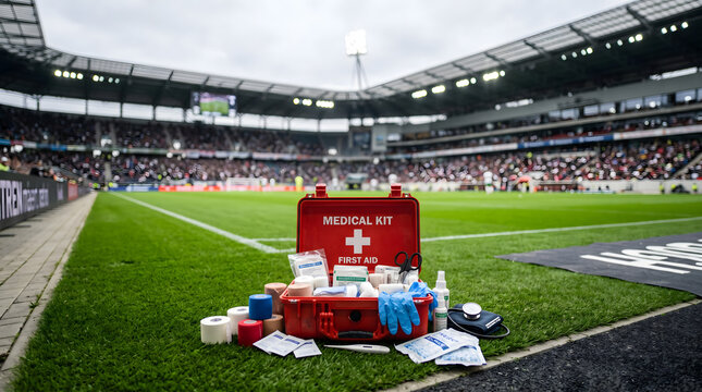 Professional First Aid Kit with Blurred Soccer Field Background