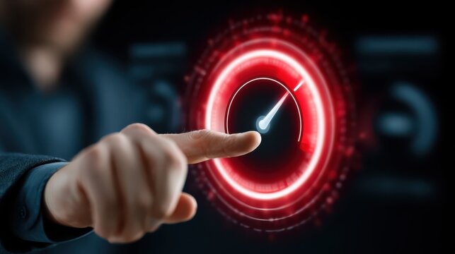 A hand points to a glowing red digital speedometer or gauge with a needle indicating high speed or intensity.