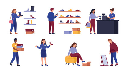 Fototapeta premium Shoe store shopping set. Cartoon customers trying footwear, store assistant helping, shelves with boots, cashier counter, isolated on white background.