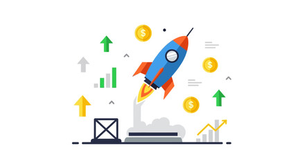 Rocket ship launches upward to symbolize business growth and financial success in a modern graphic. © yanto