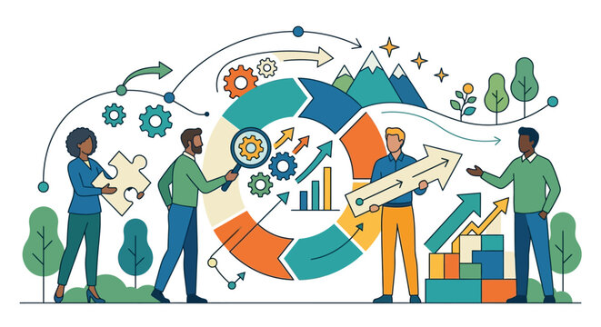 Vector illustration of a diverse business team collaborating on process optimization with circular flow diagrams, bar charts, gears, and strategic growth elements on white.