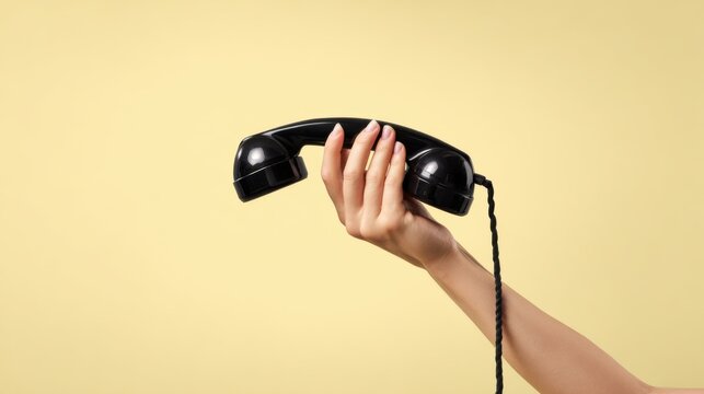 Hand holding a vintage black telephone receiver against a plain yellow background