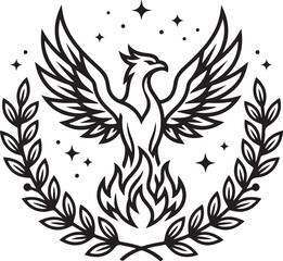 Fototapeta premium Phoenix bird with fire and laurel wreath illustration