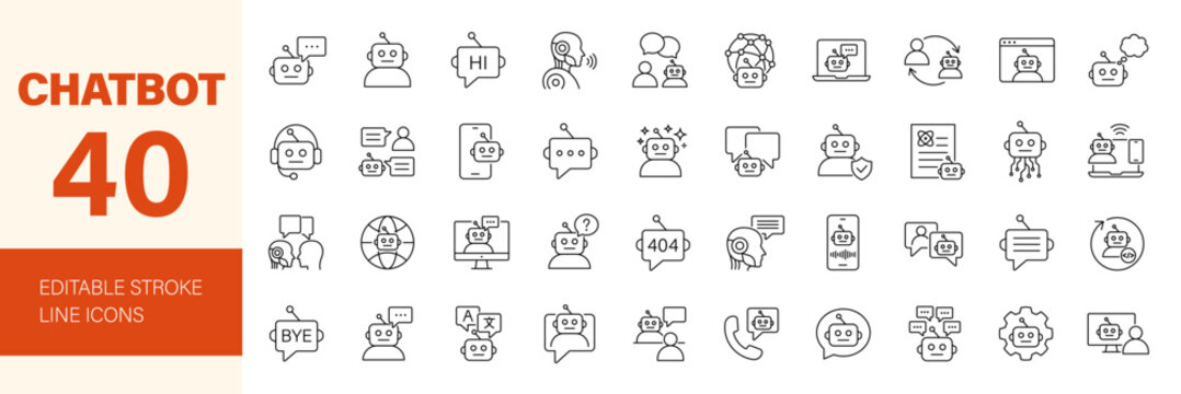 Chatbot icon set. Editable line icons. Vector illustration.