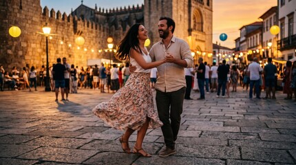 Obraz premium Couple dancing happily at dusk during Festa de Sao Mateus festival, Portugal