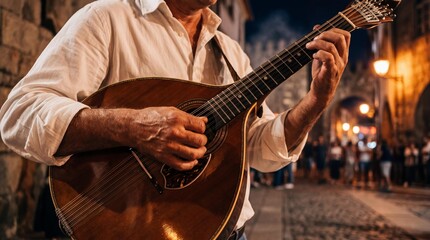 Obraz premium Musician playing traditional Portuguese guitar at Festa de Sao Mateus in Viseu