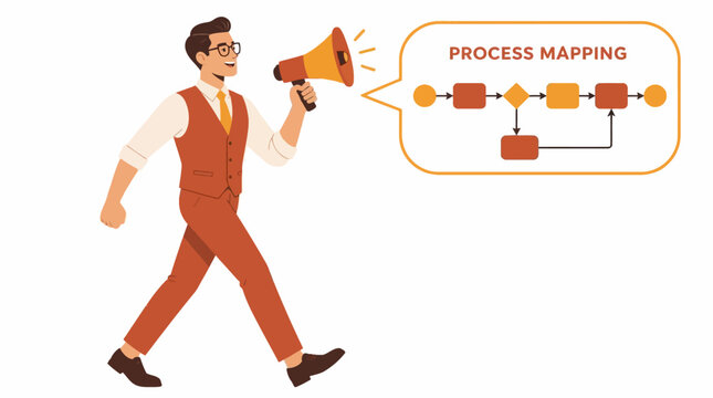 Businessman announcing process mapping concept with megaphone.