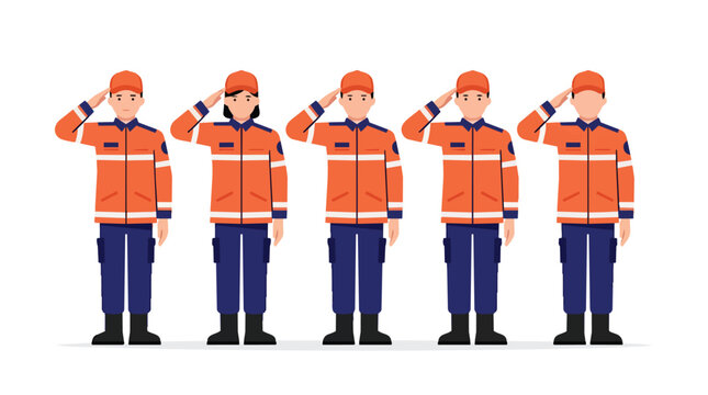 Emergency responders in formation saluting in high-visibility safety uniforms minimalist flat vector for disaster relief programs