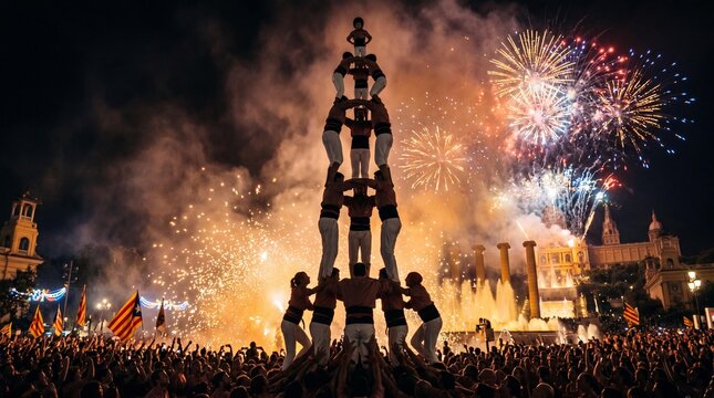 Castellers human tower at La Merce festival in Barcelona with fireworks