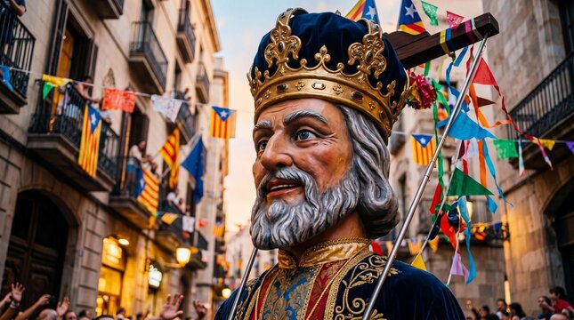 Giant king puppet during La Merce festival street parade in Barcelona