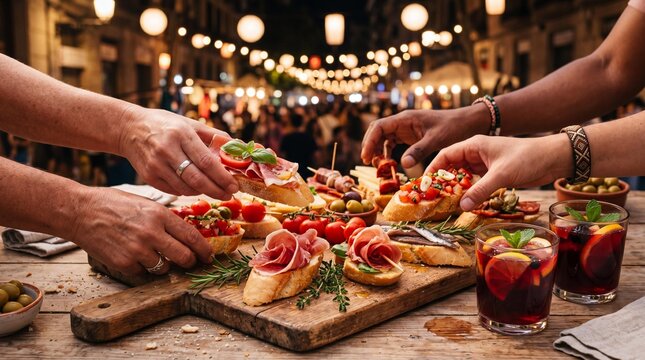 Friends sharing Spanish tapas and sangria during La Merce festival in Barcelona.