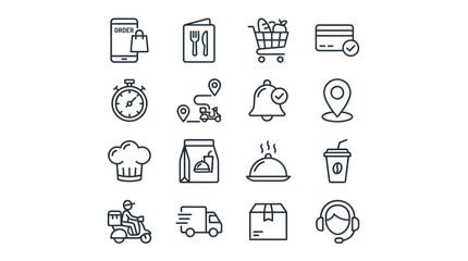 Fototapeta premium Mobile food delivery and online ordering service icons.
