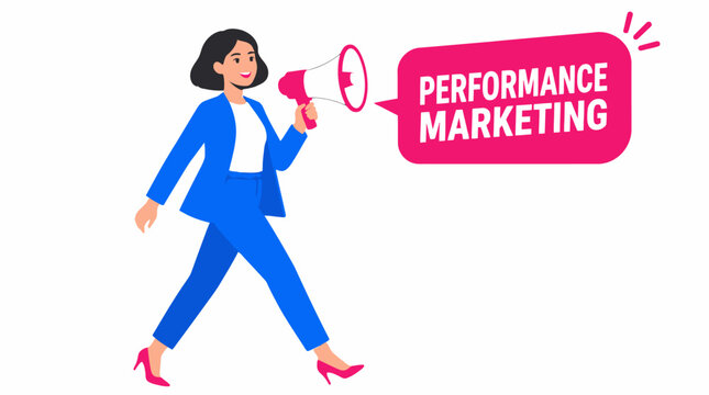 Woman in blue suit holding megaphone for performance marketing.