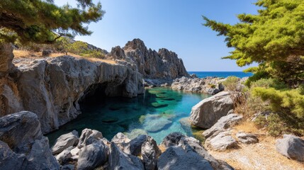 Obraz premium Hidden Turquoise Sea Cave and Rocky Coastal Lagoon in Summer