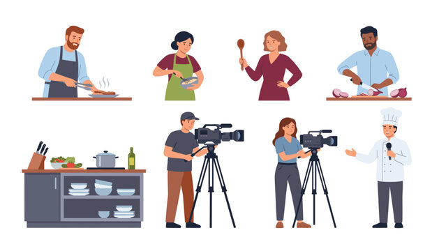 Cooking TV show production team vector illustration set. Cartoon characters of chefs, videographers with professional cameras, kitchen equipment, isolated on white background.