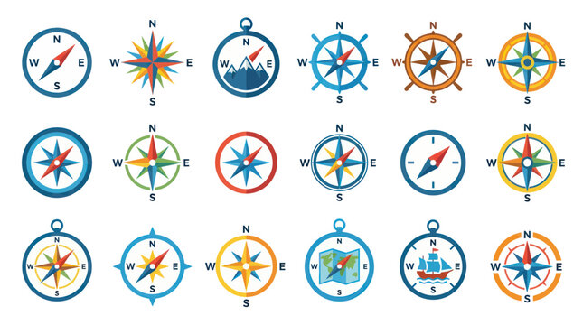 Collection of vintage compasses and nautical navigation tools, graphic design elements