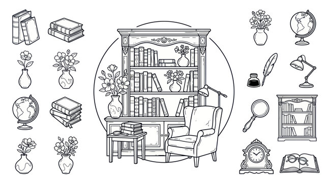 Cozy Reading Nook: Bookshelf, Armchair, Globe, Flowers, Lamp, Magnifying Glass