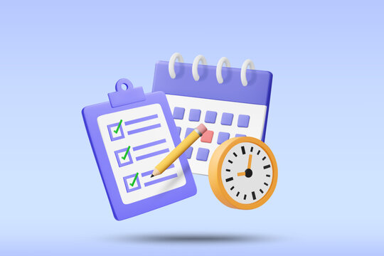 3d vector illustration of clipboard checklist task management schedule concept with purple school calendar yellow clock and pencil for time optimization project planning assignment workflow