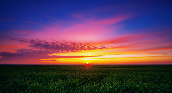 Breathtaking natural panorama of a vibrant sunset casting a warm glow across a tranquil green field at dusk, showcasing the beauty of the evening sky with stunning colors and serene atmosphere