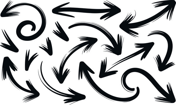 A dynamic collection of hand-drawn black ink brushstroke arrows pointing in various directions with an energetic grunge style.
