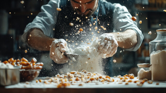 A chef vigorously grinds dried dates into a fine powder with a mortar and pestle in a dynamic kitchen setting capturing the motion of falling nuts and dust around hands covered in flour