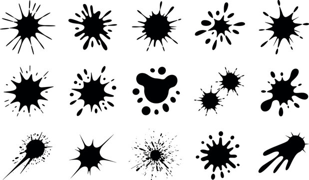 A collection of black ink splats and messy paint blobs exploding across a clean white studio background with high contrast energy.