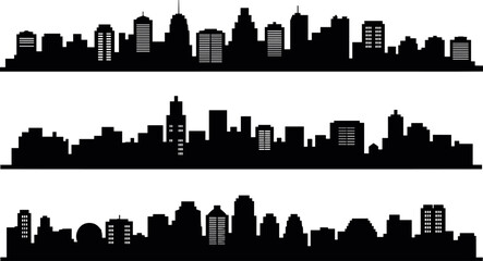 Obraz premium Set of three clean black city skyline silhouettes representing modern urban architecture for minimalist metropolitan design.