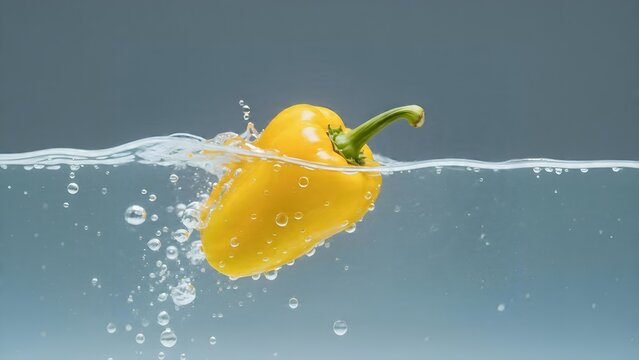 Fresh yellow bell pepper falling into clear water with bubbles.