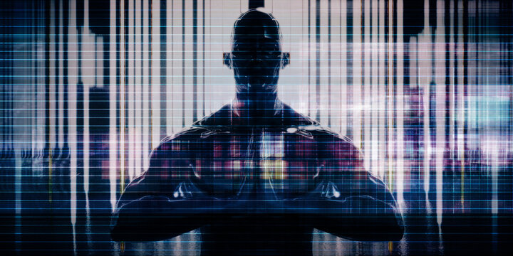 Abstract Human Meditation Figure Within Structured Technological Motion