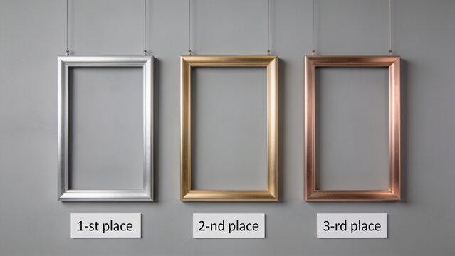 Set of three metallic frames representing first and second place awards