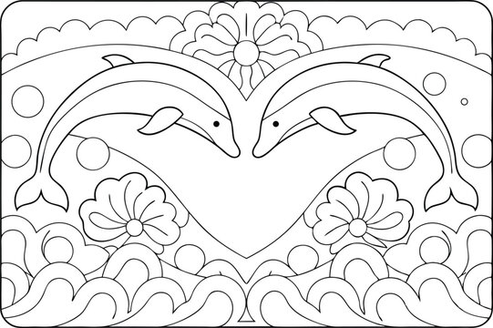 Two dolphins in a heart shape with flowers and waves for kids