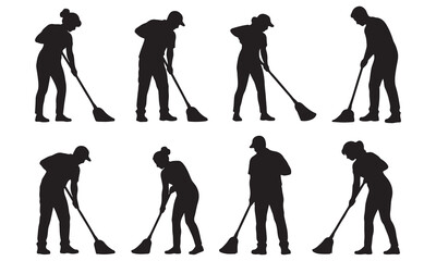 Naklejka premium Group of people sweeping with brooms, cleaning service worker silhouettes vector collection.