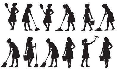 Naklejka premium Set of female silhouettes cleaning house, maid service worker vector illustration on white.