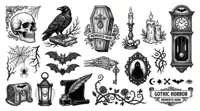 Gothic Horror Elements: Skull, Raven, Coffin, Candles, Bats, Clock, Spooky Decor