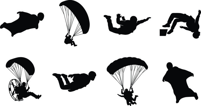 Skydiving and Paragliding Silhouette Collection with Extreme Sports Action Poses