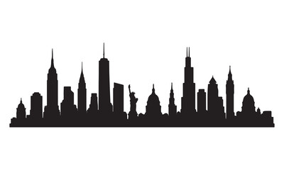 Fototapeta premium Detailed black silhouette of the New York city skyline with iconic buildings and statues.