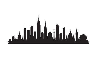 Fototapeta premium Black silhouette of a major city skyline with diverse architecture on a white background.