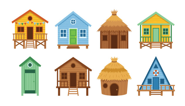 Beach huts vector isolated. Tropical resort houses, wooden bungalows, straw huts, cabins, clear background graphic elements.