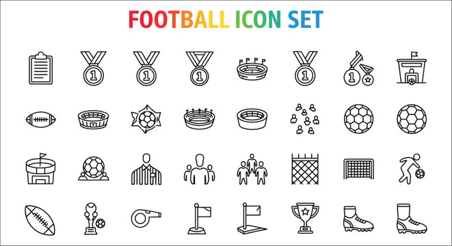 Football icon set line art style depicting various sports equipment and player actions soccer american gridiron