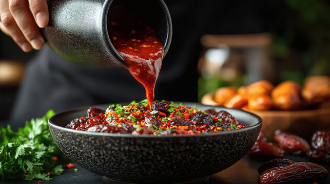 A chef pours vibrant red blended date sauce over a bowl of chopped dates garnished with fresh herbs in a rustic kitchen setting emphasizing rich textures and bold colors for culinary inspiration.