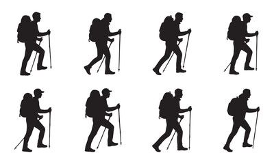Naklejka premium Collection of black silhouettes of hikers walking with backpacks and trekking poles in profile.