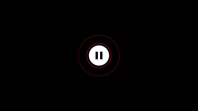 Minimalist pause button animation with pulsing red rings on black background, motion interface