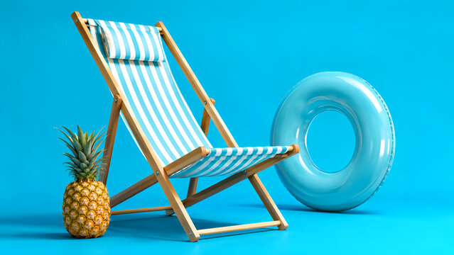 Tropical Beach Towel and Flip Flop Layout on Painted Blue Board