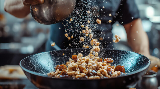 A chef in a professional kitchen pours a stream of chopped dates and nuts from a metal bowl into a dark ceramic pan capturing the motion of falling ingredients with dynamic blur and