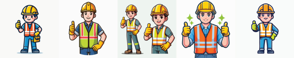 Fototapeta premium Construction Worker and Safety Engineer Character Set with Thumbs Up Gesture, Cartoon Vector Illustration