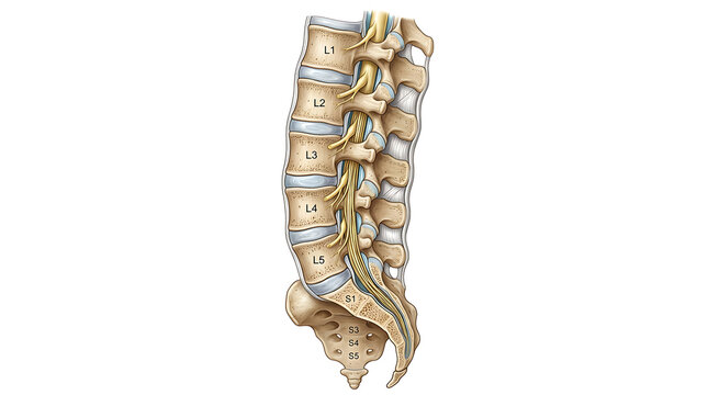Detailed illustration of lumbar spine with nerve roots and vertebral labels showing spinal cord and nerve pathway structure