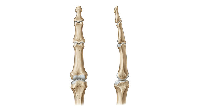 Detailed anatomical illustration of human finger bones showing dorsal and lateral views in a realistic style