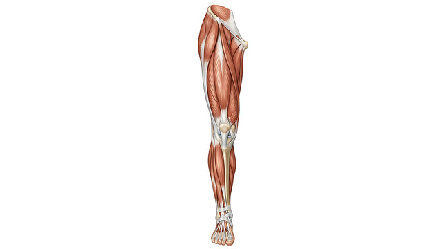 Detailed anatomical illustration of human leg muscles showcasing muscular structure and tissue layers for educational purposes