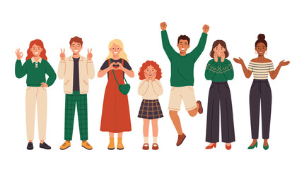 People showing positive emotions. Diverse characters jumping with joy, making heart gesture, smiling, gesturing peace and ok sign.