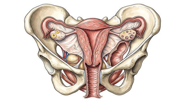 Detailed anatomical illustration of the female reproductive system highlighting internal organs and structures in a
